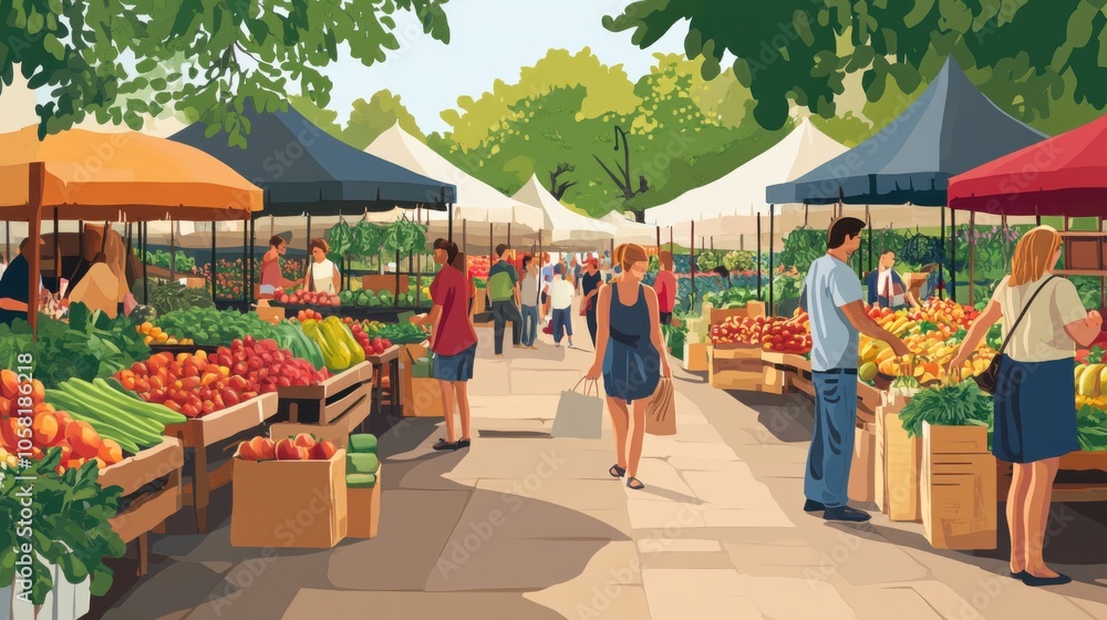 Fototapeta premium A lively farmers market with colorful produce, local goods,