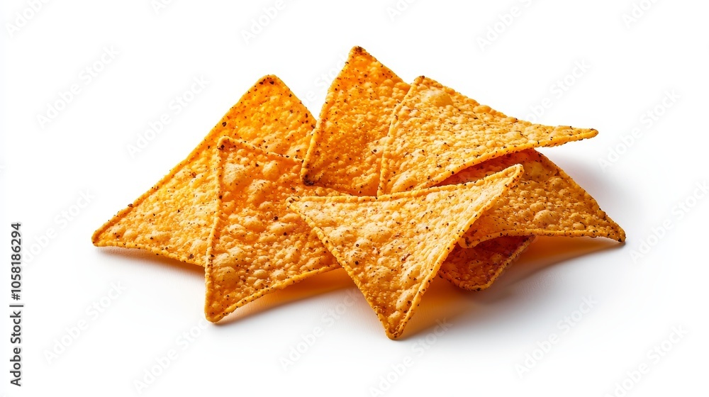 Close-up of crispy triangular golden tortilla chips, isolated on a white background, perfect for food advertisements, snack industry concept Close-up of crispy triangular golden tortilla chips, isolated on a white background, perfect for food advertisements, snack industry concept