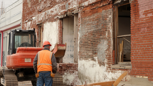 Renovation work on old brick building with construction crew using machinery. worker in orange vest oversees repair process, showcasing teamwork and dedication photo