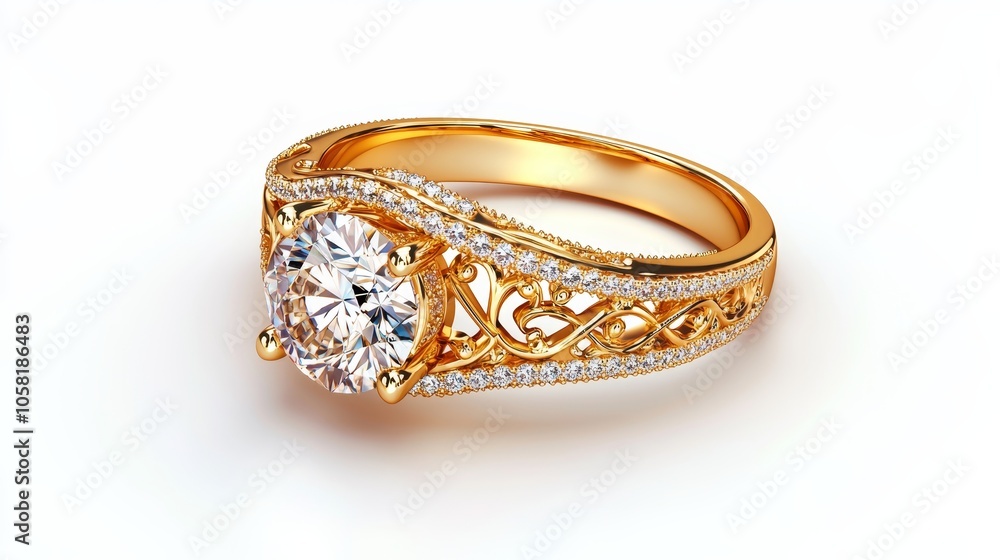 Elegant yellow gold ring with a diamond and delicate filigree design, 3D rendering isolated on white, jewelry advertisement, premium luxury style Elegant yellow gold ring with a diamond and delicate filigree design, 3D rendering isolated on white, jewelry advertisement, premium luxury style