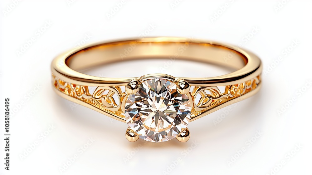 Elegant yellow gold ring with filigree design and a sparkling diamond, 3D rendering isolated on white background, perfect for high-end jewelry promotions Elegant yellow gold ring with filigree design and a sparkling diamond, 3D rendering isolated on white background, perfect for high-end jewelry promotions