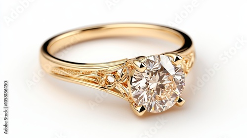 Elegant gold ring with a radiant diamond, featuring intricate filigree details on the band, beautifully rendered with precise lighting on a white background