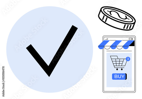 Checkmark on blue circle, coin, and smartphone with shopping cart icon. Ideal for online shopping verification, e-commerce, mobile transactions, digital marketing, financial transactions