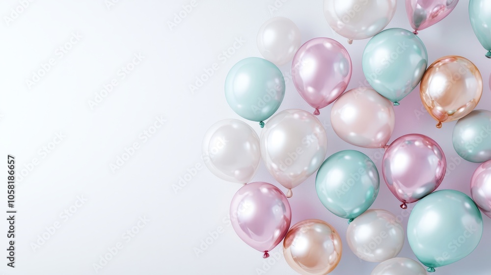 Helium-filled balloons of different textures and colors, artistically arranged against a pure white backdrop, capturing the essence of joy Helium-filled balloons of different textures and colors, artistically arranged against a pure white backdrop, capturing the essence of joy