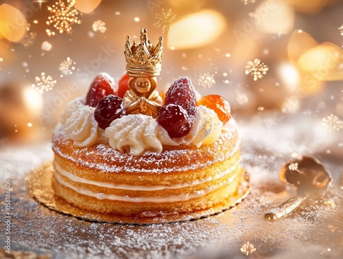 Warm-toned Three Kings cake detailed with sugar crystals and fresh candied fruit, a miniature king figure barely peeking out of soft layers photo