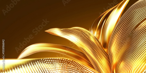 3D flow plant leaves mountain wave illuminated lights orange golden metallic flower petal texture, abstract curve with glitter glossy dark shiny fashion cosmetic banner background