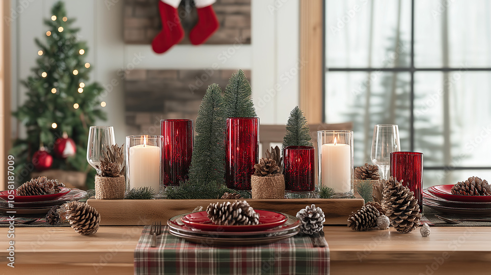 A festive Christmas table setting with red plates, pine cones, and candles in glass vases on the dining room table. The background features cozy home decor A festive Christmas table setting with red plates, pine cones, and candles in glass vases on the dining room table. The background features cozy home decor