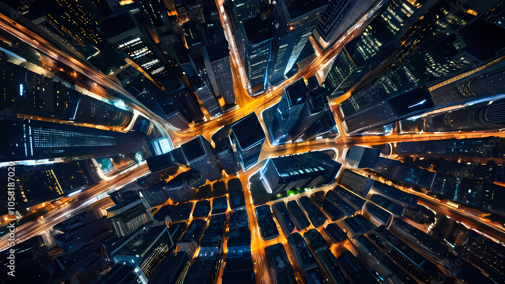 top-down view of a city at night, showcasing a network of glowing city lights top-down view of a city at night, showcasing a network of glowing city lights