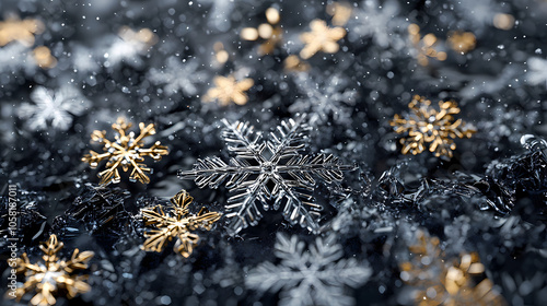 Frosty snowfall: mesmeric 3d illustration depicting descending holiday snowflakes. Glistening Snowflakes. Illustration