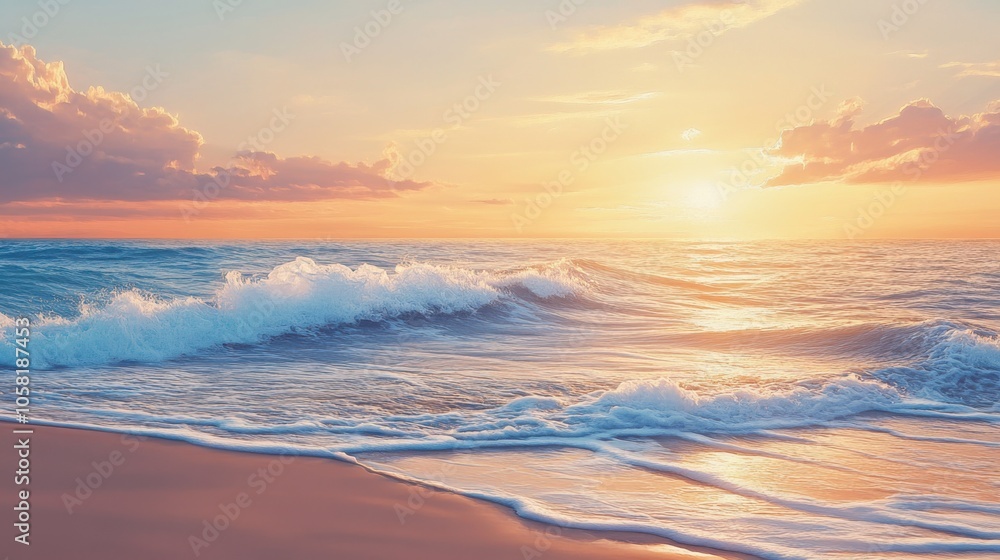 A peaceful beach scene at sunset, with waves gently A peaceful beach scene at sunset, with waves gently