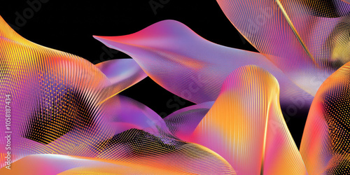 3D flow plant leaves mountain wave illuminated lights orange purple black flower petal texture, abstract curve with glitter glossy black fashion cosmetic banner background