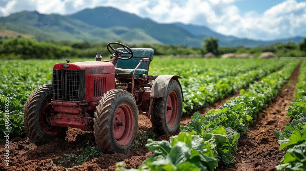 Agriculture background shot with a tractor on a field Agriculture background shot with a tractor on a field