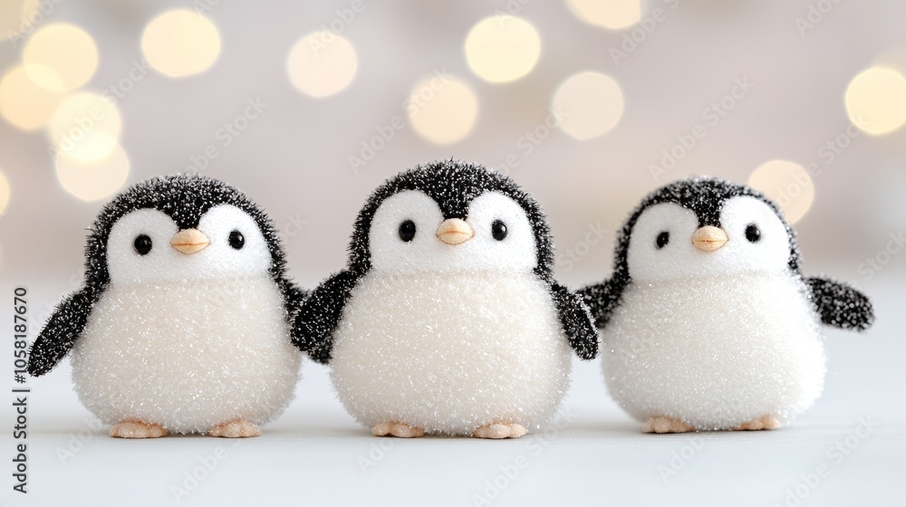Three adorable plush penguins standing in a row against a blurred background of white lights. Three adorable plush penguins standing in a row against a blurred background of white lights.