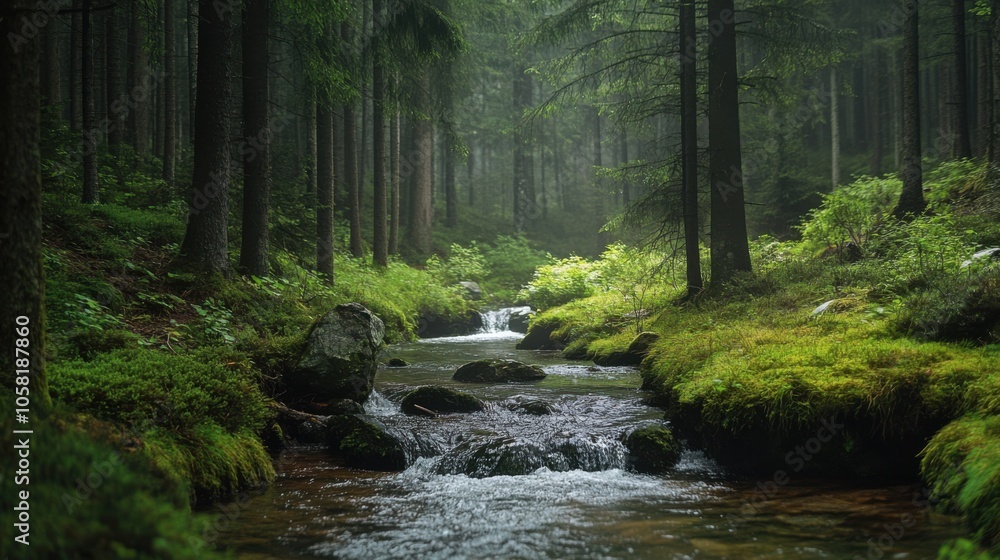 A peaceful landscape with a small river flowing through A peaceful landscape with a small river flowing through