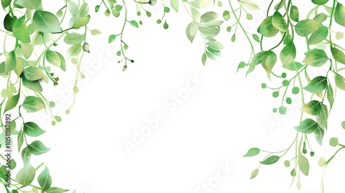 White background with green plant accents creates a fresh and inviting aesthetic. A harmonious blend of purity and nature, perfect for design projects and creative endeavors.