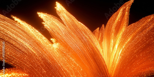 3D flow flower petal close up blossom bloom wave abstract curve with gold glitter glossy texture, golden yellow orange black fashion cosmetic banner background