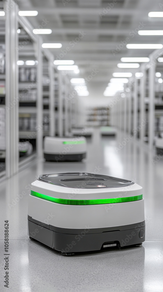A robot is in a large warehouse with other robots. The warehouse is very large and empty. The robots are green and white A robot is in a large warehouse with other robots. The warehouse is very large and empty. The robots are green and white