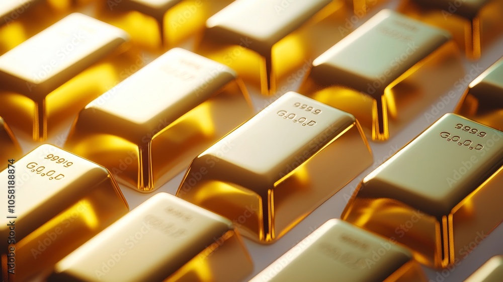 High-resolution shot of multiple gold bars, minimal shadows on a white backdrop, polished surfaces, ideal for financial product advertisements High-resolution shot of multiple gold bars, minimal shadows on a white backdrop, polished surfaces, ideal for financial product advertisements
