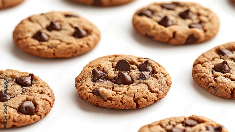 Close-up of perfectly baked chocolate chip cookies with gooey centers, isolated on white background, crisp edges highlighted, ideal for food advertising Close-up of perfectly baked chocolate chip cookies with gooey centers, isolated on white background, crisp edges highlighted, ideal for food advertising