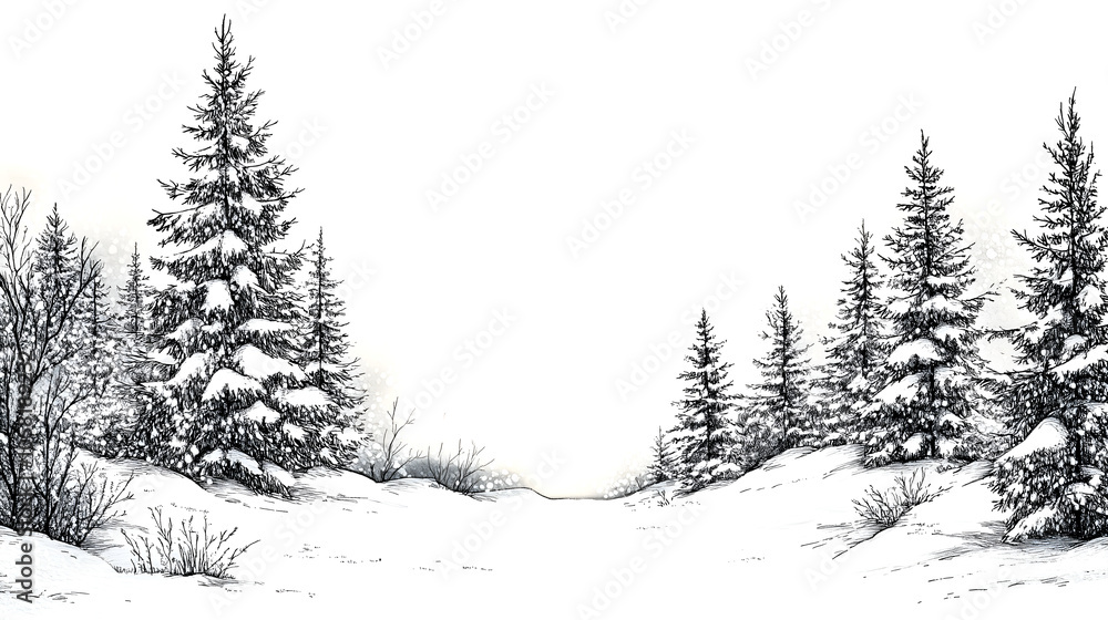 Naklejka premium Christmas card, vintage style, black ink drawing of pine trees forest covered in snow, white background