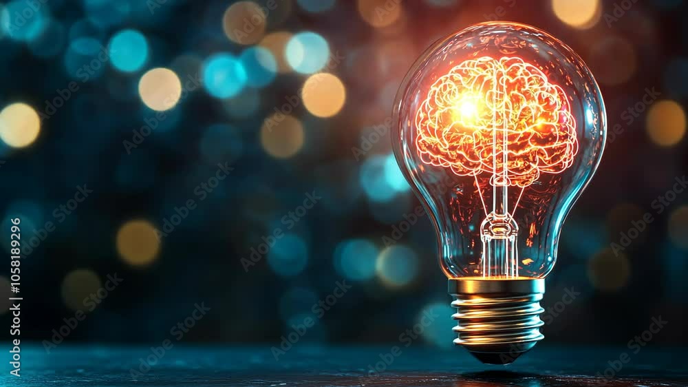 A glowing light bulb with a brain inside represents a new idea A glowing light bulb with a brain inside represents a new idea