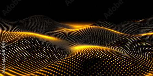 3D abstract curve speed line wave mountain road stripe grid with glitter swirl flowing, gold black cool virtual space cosmetic shiny web tech dark silhouette background