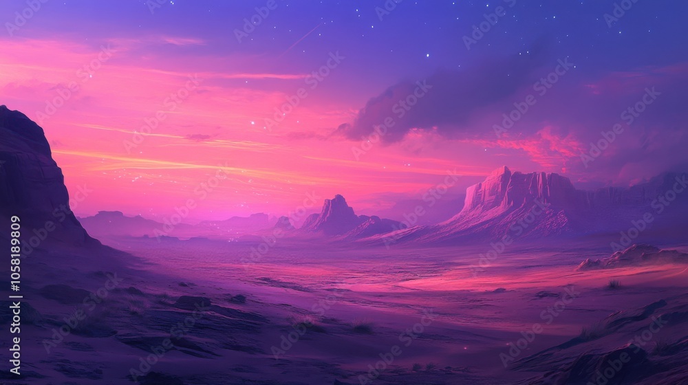 A serene desert landscape at dusk, with the sky painted A serene desert landscape at dusk, with the sky painted
