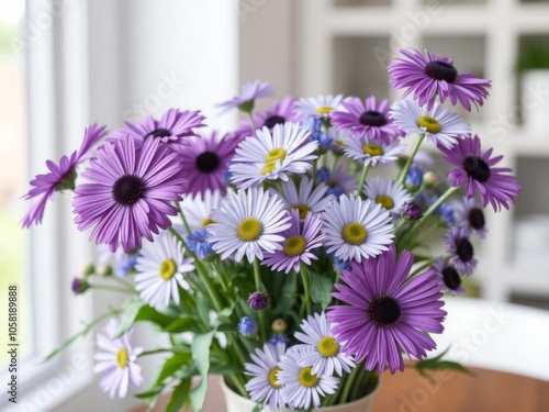 A stunning bouquet of perennial aster alpinus blue and purple violet daisies in a vase on a table, purple, violet, blue photo