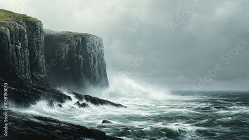 Majestic rocky cliffs rise dramatically above turbulent waves crashing against them, set against moody sky filled with clouds. scene evokes sense of awe and nature power