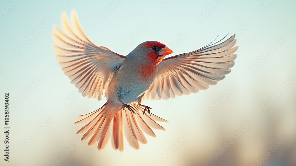 Red bird soaring gracefully through a serene pale blue sky, capturing the essence of freedom and movement. red bird soaring, blue sky Red bird soaring gracefully through a serene pale blue sky, capturing the essence of freedom and movement. red bird soaring, blue sky