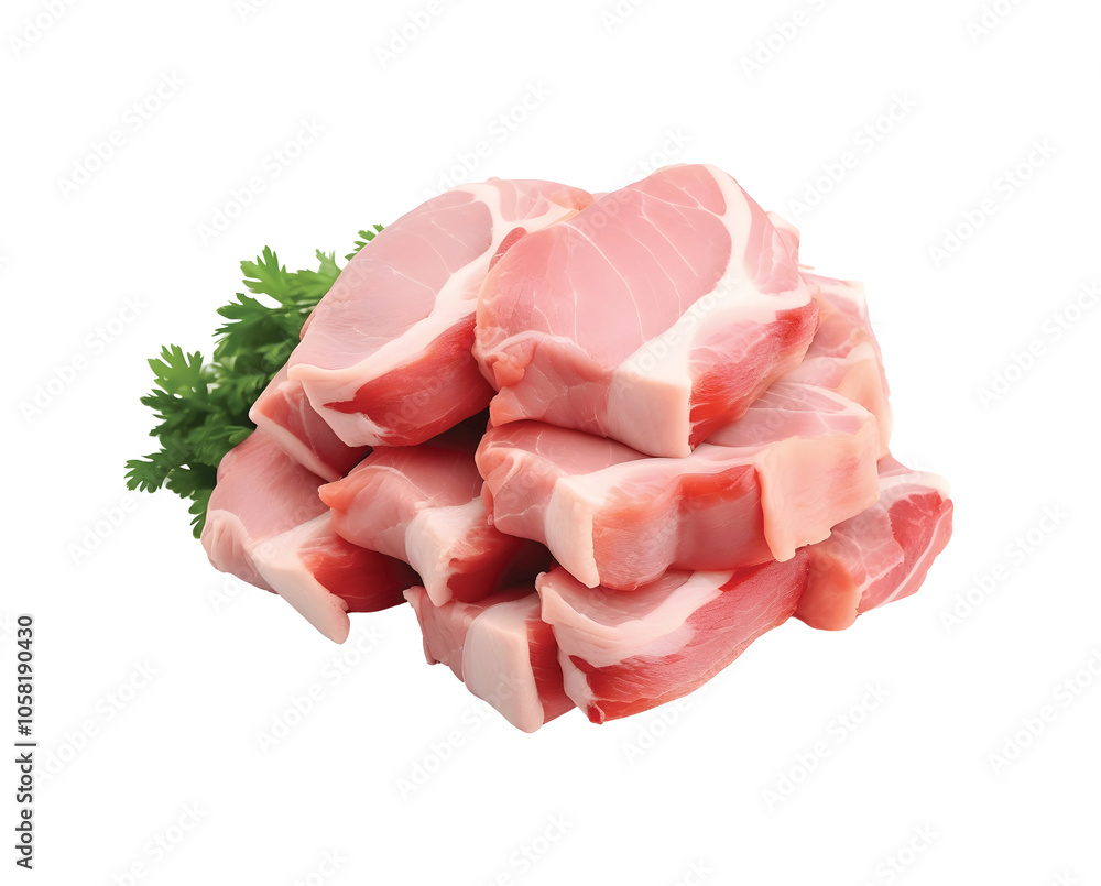 Group of fresh, soft pink pork. Cut out. Group of fresh, soft pink pork. Cut out.