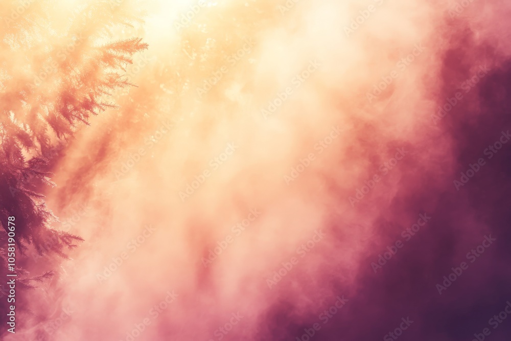 Warm toned abstract foggy sunlight streaming through forest trees creating a dreamlike ethereal atmosphere with a blend of golden and pink hues and a mysterious glow Warm toned abstract foggy sunlight streaming through forest trees creating a dreamlike ethereal atmosphere with a blend of golden and pink hues and a mysterious glow