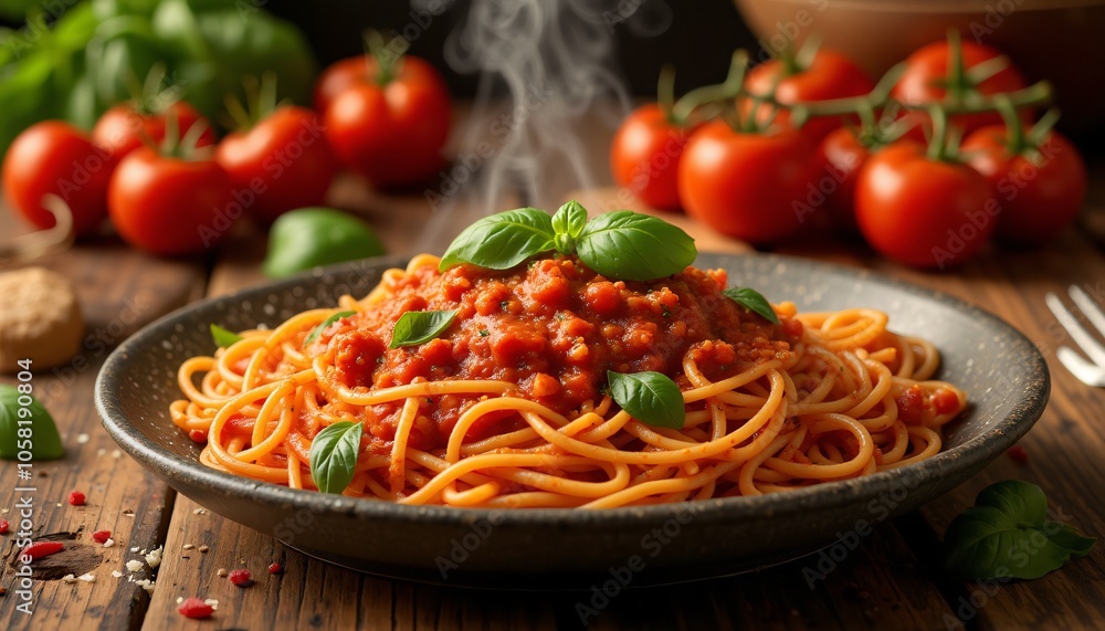 Steaming Hot Spaghetti with Marinara Sauce and Fresh Basil on Rustic Wooden Table Steaming Hot Spaghetti with Marinara Sauce and Fresh Basil on Rustic Wooden Table