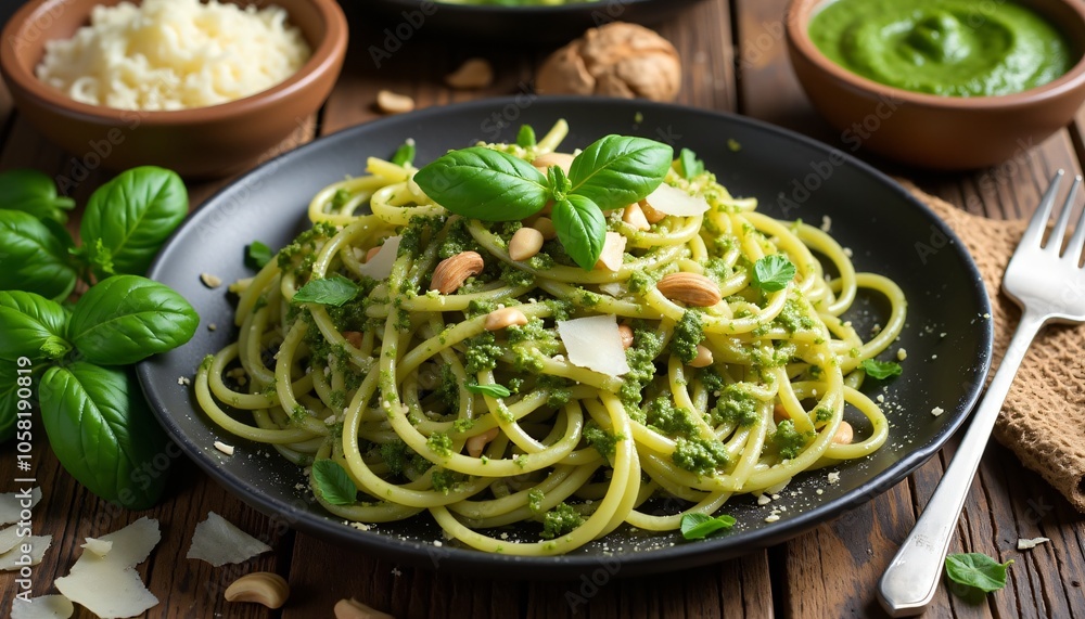Fresh Pesto Spaghetti With Parmesan And Basil Leaves On Dark Plate Fresh Pesto Spaghetti With Parmesan And Basil Leaves On Dark Plate