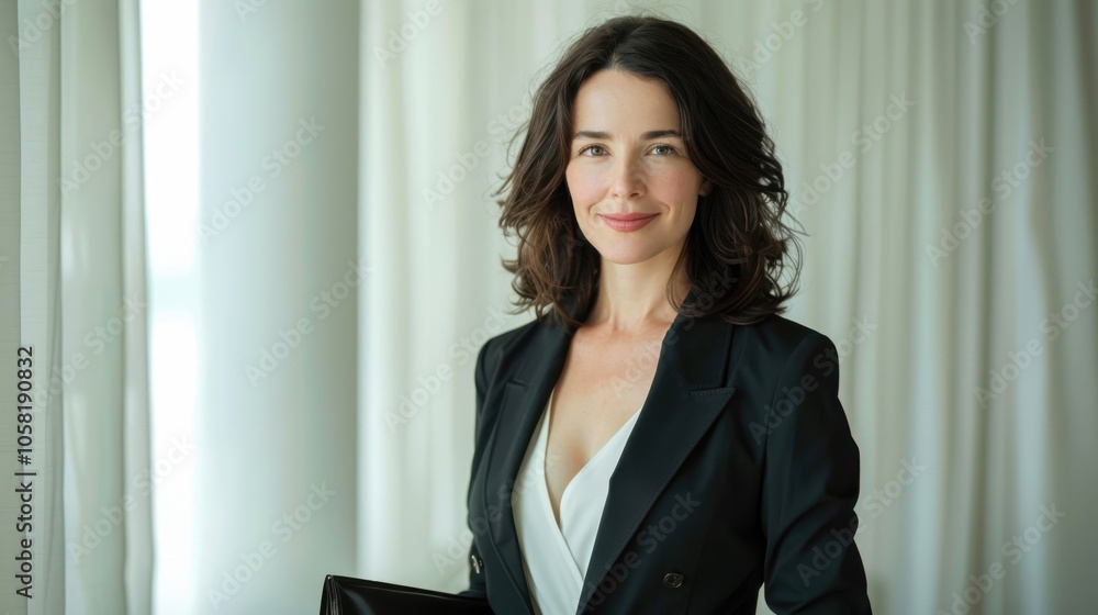 With a poised expression, a beautiful businesswoman in a chic suit clutches a leather folder, ready to conquer the day. With a poised expression, a beautiful businesswoman in a chic suit clutches a leather folder, ready to conquer the day.