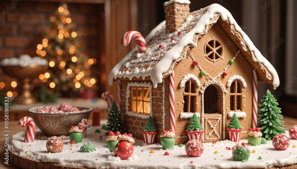 Obraz premium Festive Gingerbread House with Candy Decorations in Warm Holiday Setting