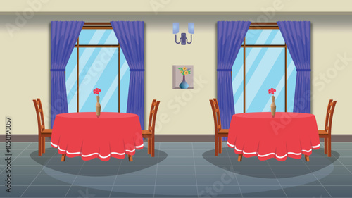 Cartoon illustration of dinning room interior design with dinning table, chair, windows and others interior items vector illustration