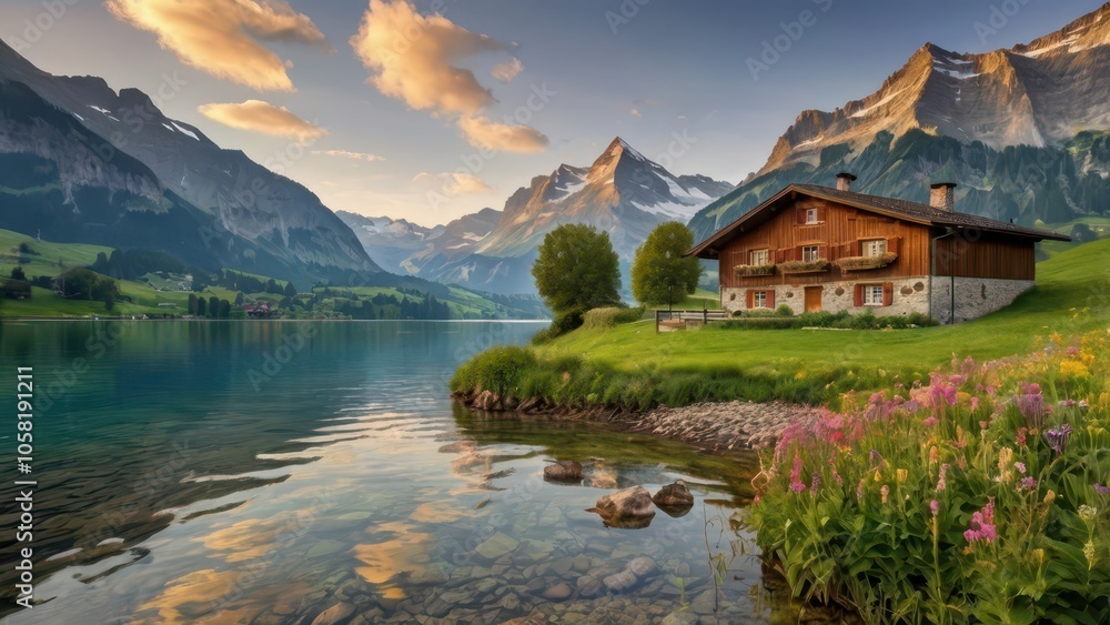 Fototapeta premium Stunning Swiss Alps Sunrise - Snow-Capped Mountains and Tranquil Lake Landscape