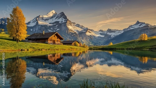 Stunning Swiss Alps Sunrise - Snow-Capped Mountains and Tranquil Lake Landscape