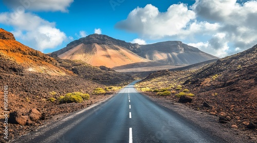 Image related to unexplored road journeys and adventures.Road through the scenic landscape to the destination in Lanzarote natural park. 