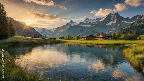 Stunning Swiss Alps Sunrise - Snow-Capped Mountains and Tranquil Lake Landscape