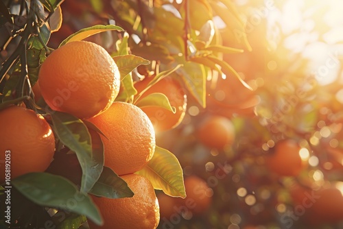 Sweet Oranges Blooming on Trees - Sunny Day at the Orange. Generative Ai