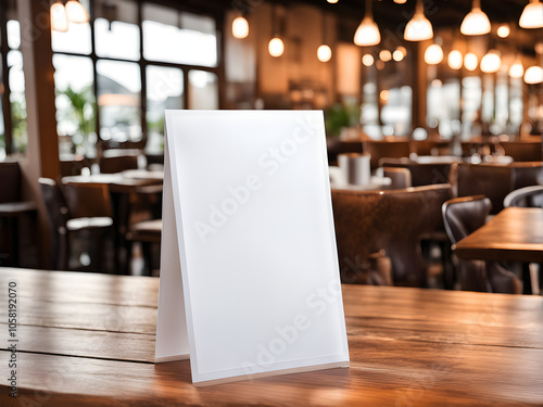 Wallpaper Mural Mock up Label the blank menu frame in Bar restaurant ,Stand for booklets with white sheets paper acrylic tent card on wooden table cafeteria blurred background can inserting the text of the customer. Torontodigital.ca