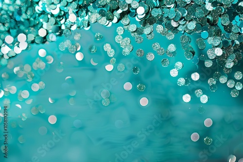 Sequins in the frame Teal birthday confetti with green Christmas. Generative Ai