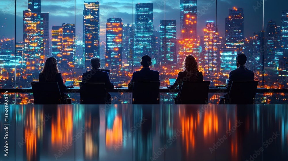 Business meeting overlooking a vibrant city skyline at night. Business meeting overlooking a vibrant city skyline at night.
