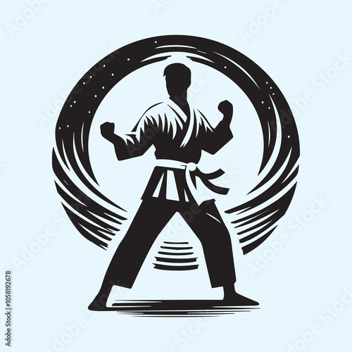 Karate man silhouette vector icon black and white full body