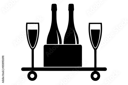 Luxury bar cart silhouette with champagne bottle and glasses.