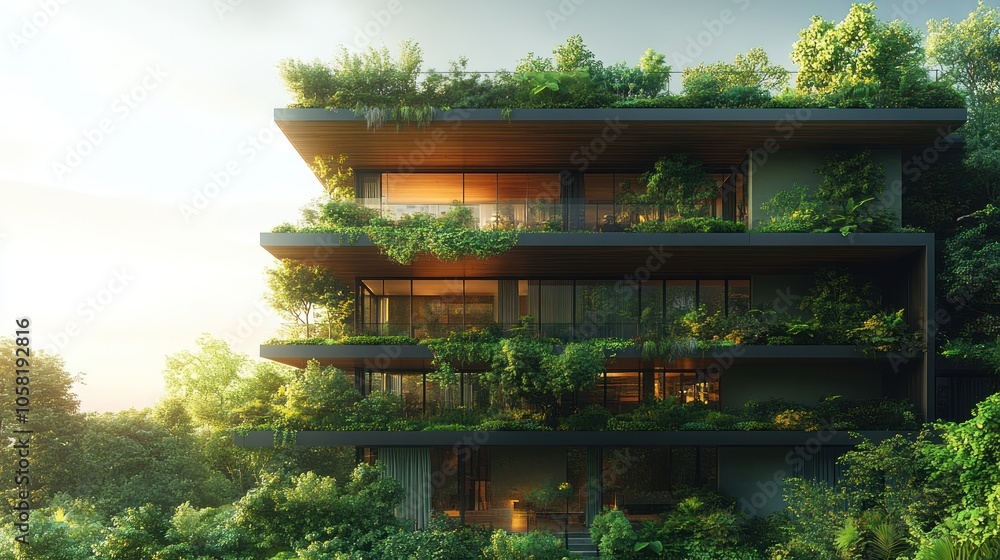 Modern eco-friendly building surrounded by lush greenery. Modern eco-friendly building surrounded by lush greenery.