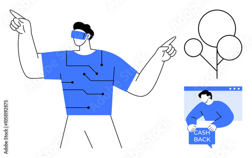 Person wearing virtual reality glasses interacting with digital interface points, diagram and a cashback webpage. Ideal for technology, innovation, virtual reality, online shopping, digital