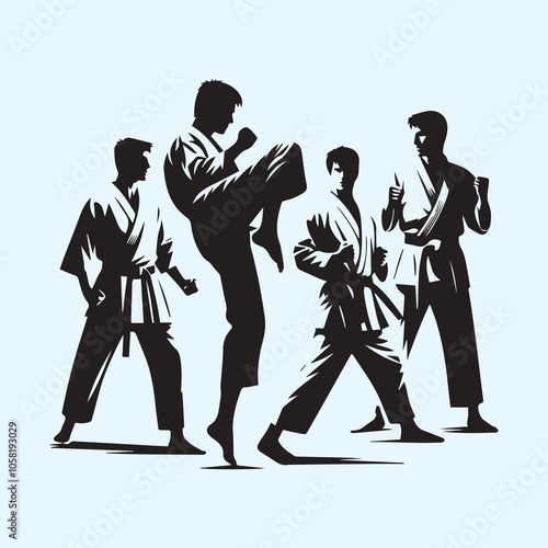 Karate man silhouette vector icon black and white full body